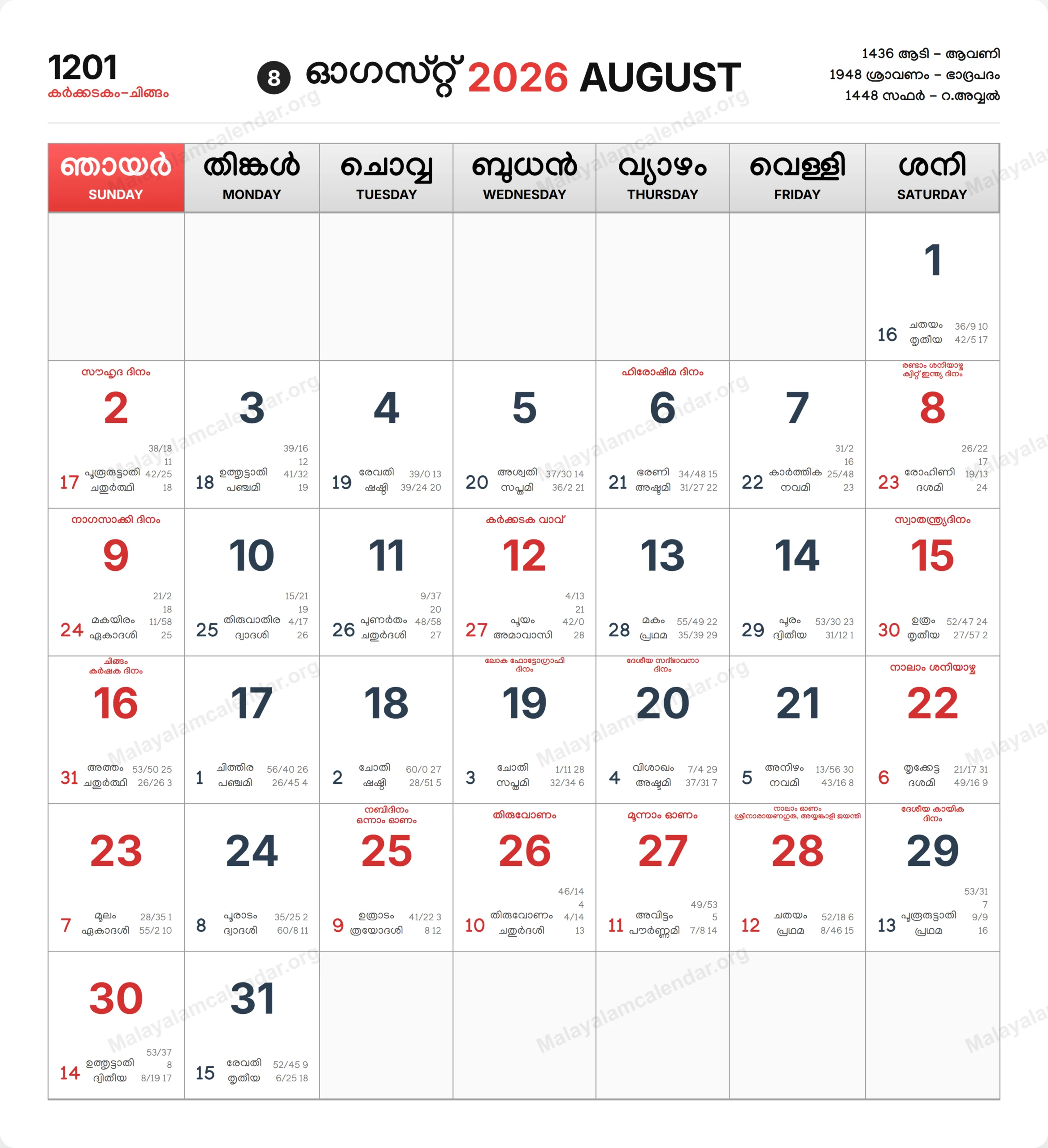 Malayalam Calendar 2026 August 