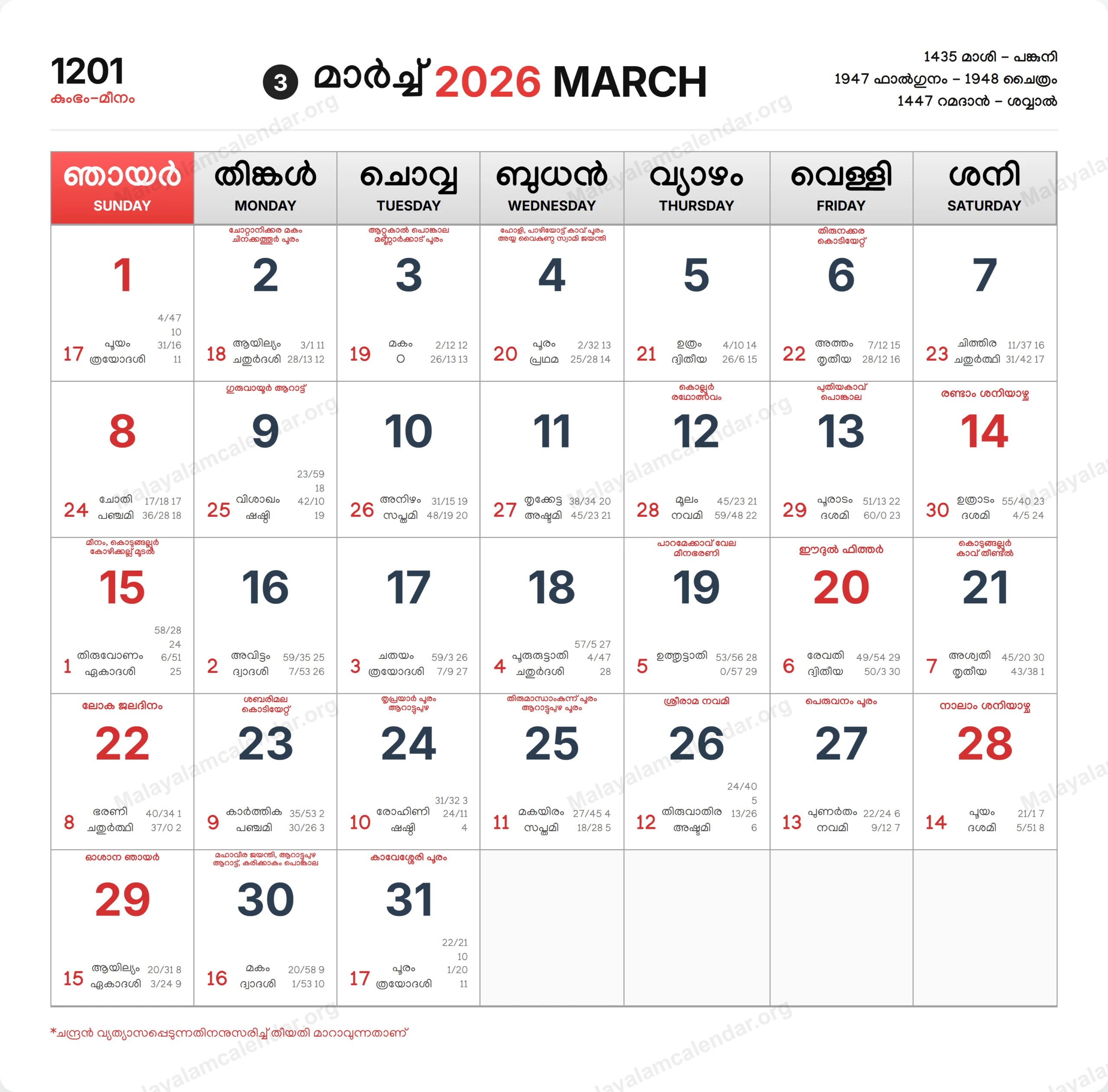 Malayalam Calendar 2026 March 