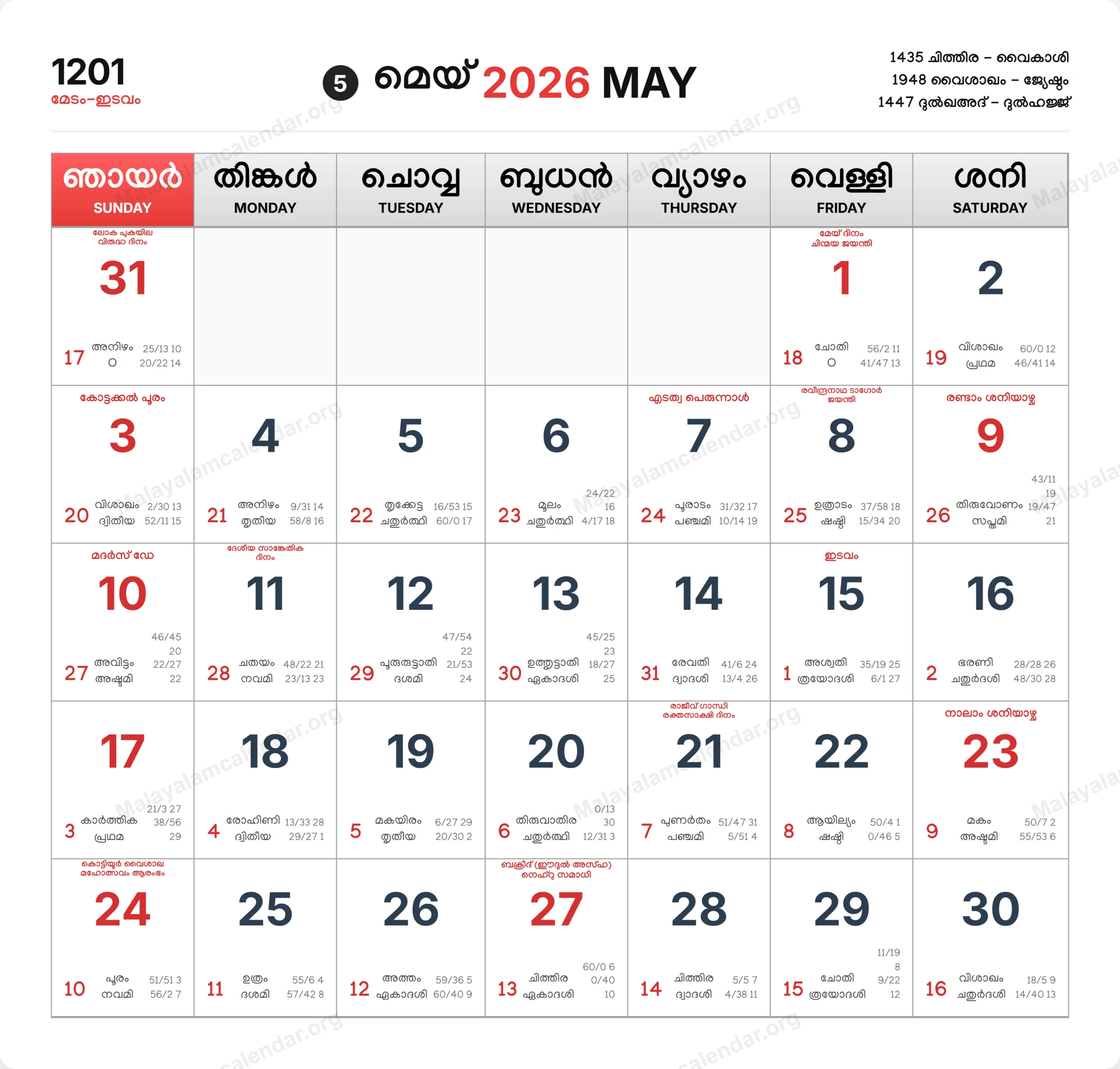 Malayalam Calendar 2026 May Malayalam Calendar 2026 May