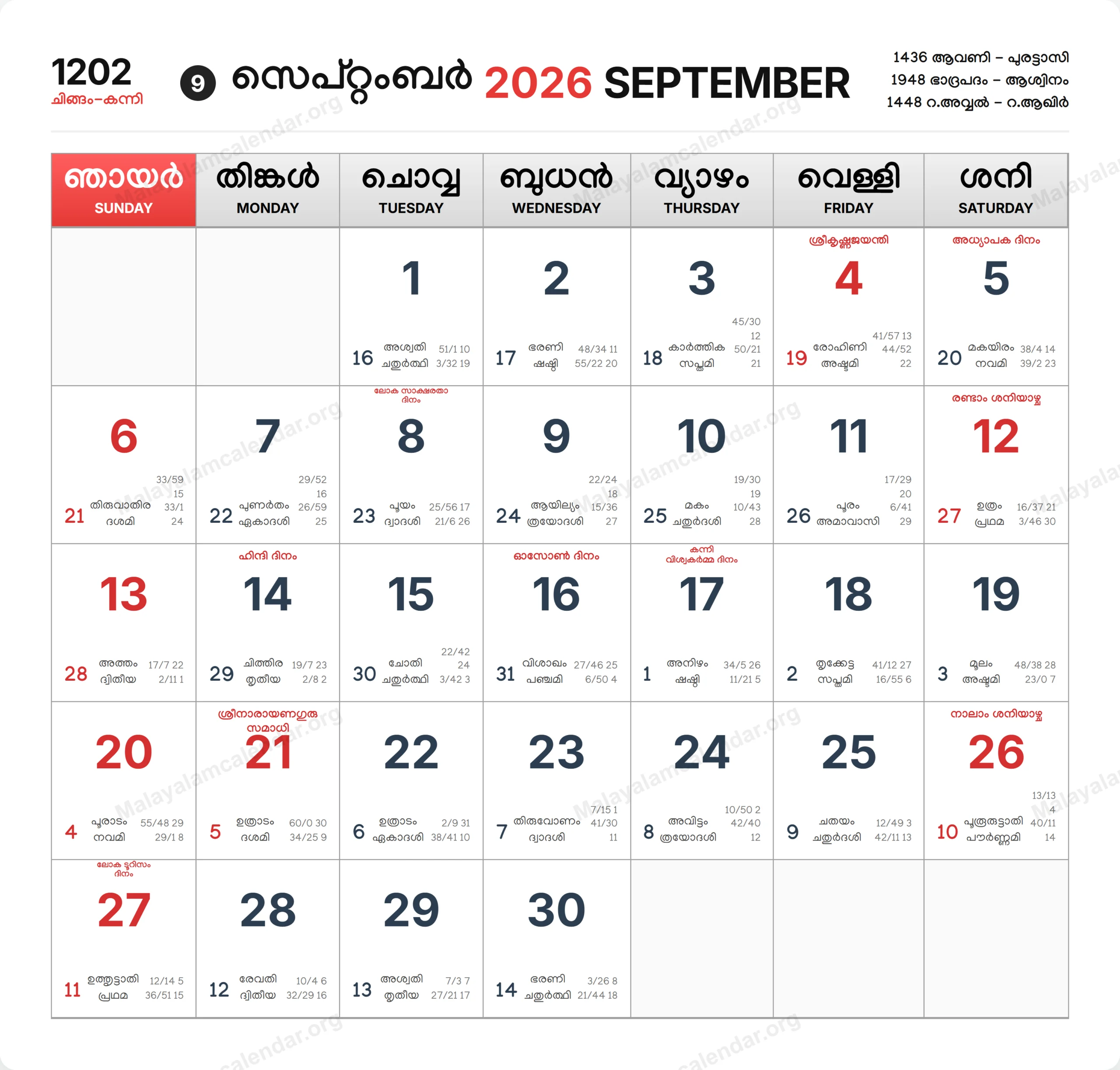 Malayalam Calendar 2026 September 
